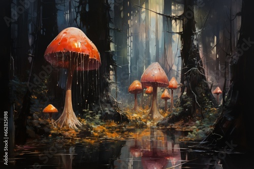 Giant talking mushrooms offering cryptic advice in dense forest groves - Generative AI