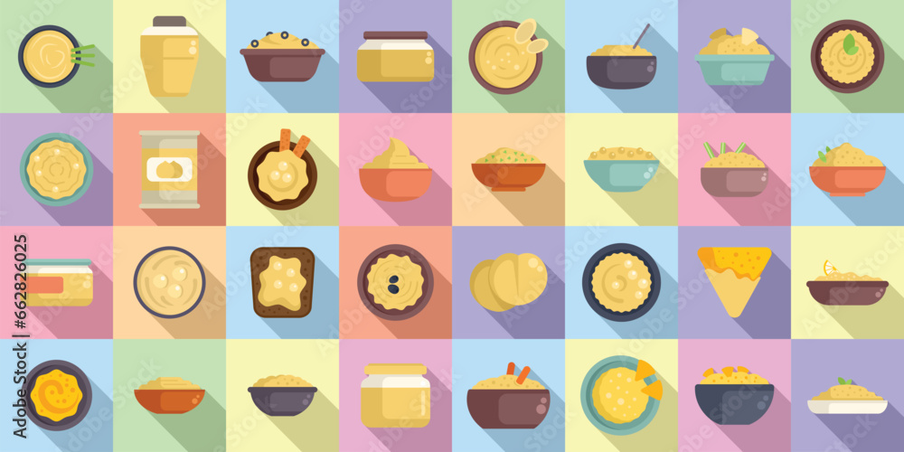 Hummus icons set flat vector. Food pita. Sauce creamy bowl Hummus icons set flat vector. Food pita. Sauce creamy bowl