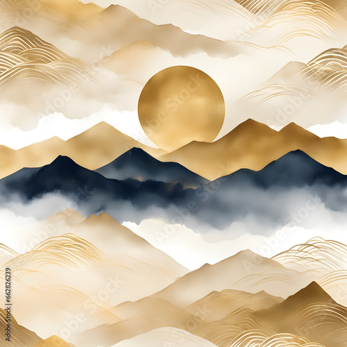 Light Orange Watercolor Mountainscape with Mingei Pop-Inspired Sun photo