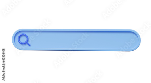 Minimal blank search bar blue on isolated background. SEO or Search Engine Optimization, Find via keyword interest on internet and social media. Information networking concept. 3d render illustration
