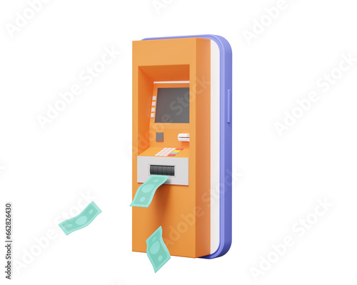 Online transaction via application ATM internet banking on mobile phone. money payment transfer system concept. technology exchange pay, banner, cartoon minimal style. 3d render illustration