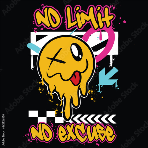 Graffiti mocking emoticon street wear illustration with slogan no limit no excuse
