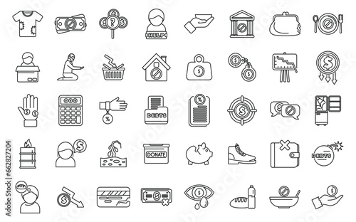 Poverty icons set outline vector. Charity donate help. Worker people social
