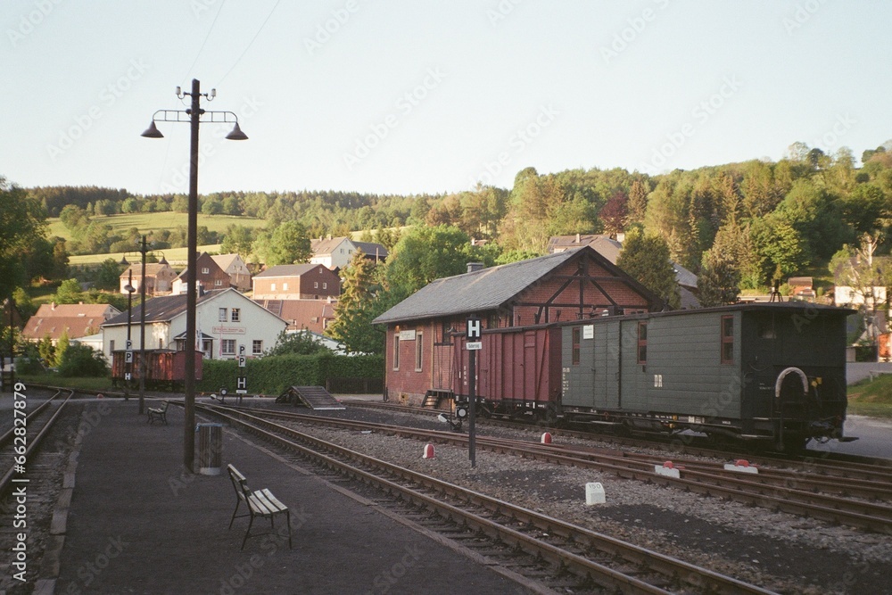 Steinbach, Germany - June 03, 2023: view of small train station in Ore mountains - analog Steinbach, Germany - June 03, 2023: view of small train station in Ore mountains - analog
