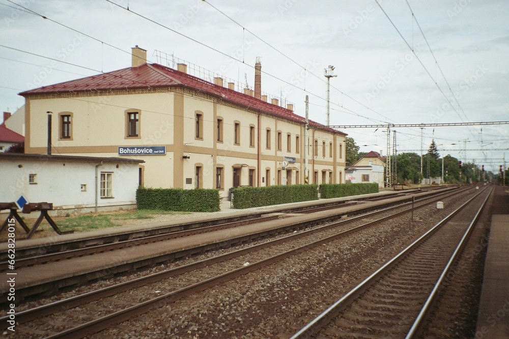 Naklejka premium view of train station in Bohusovice nad Ohri on 31 July 2023 in an analogue photo