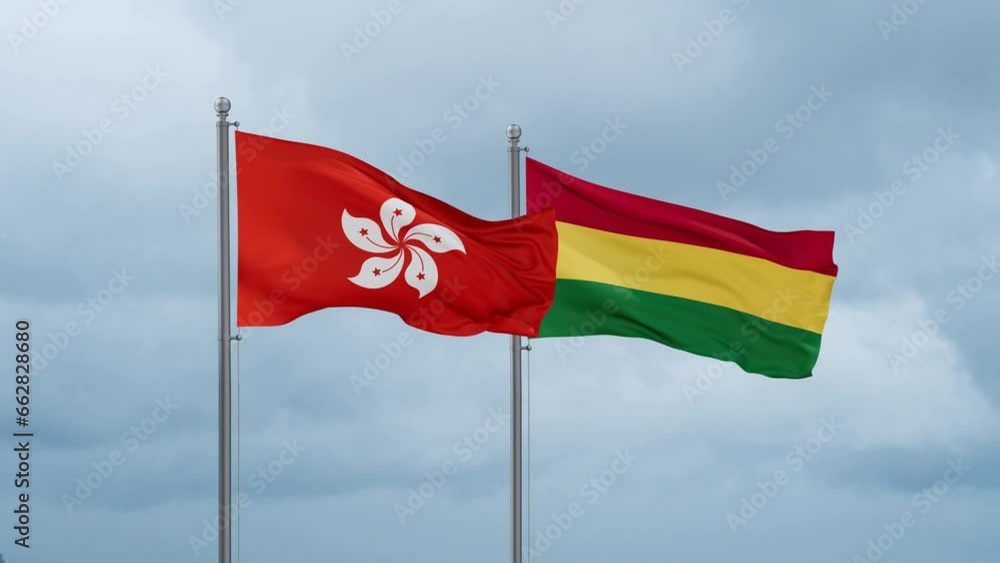Bolivia flag and Hong Kong flag waving together on cloudy sky, endless seamless loop, two country relations concept Bolivia flag and Hong Kong flag waving together on cloudy sky, endless seamless loop, two country relations concept