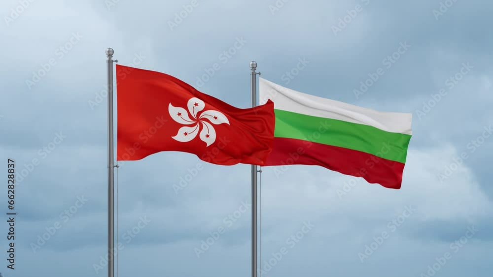 Bulgaria flag and Hong Kong flag waving together on cloudy sky, endless seamless loop, two country relations concept Bulgaria flag and Hong Kong flag waving together on cloudy sky, endless seamless loop, two country relations concept