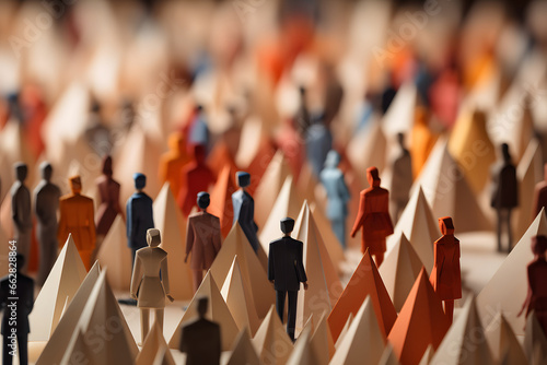 Large crowd of diverse people in origami form inside a town