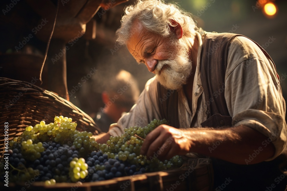 Man collecting grapes harvest season farmers working - obrazy, fototapety, plakaty 