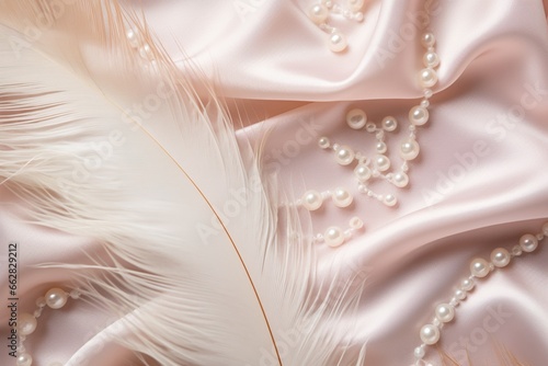 Silk material with feather and pearls pink color backgrounds soft textures