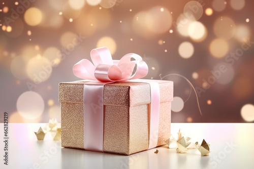 Gift box in beige and pink colors with bokeh lights magical, close ups