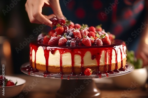 Woman making cheesecake with fruits jam on tops photo