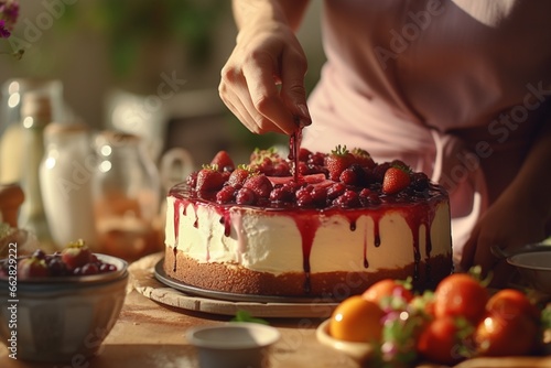 Woman making cheesecake with fruits jam on tops