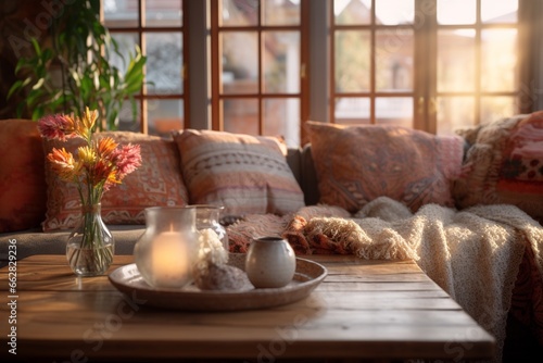 Rustic style interior living room with wide windows natural lights