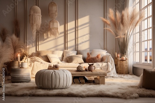 Boho style living room natural light and comfortable furnitures