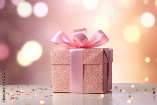 Gift box in beige and pink colors with bokeh lights magical, close ups