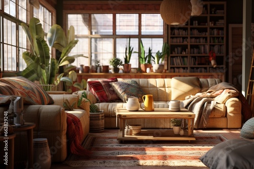 Rustic style interior living room with wide windows natural lights