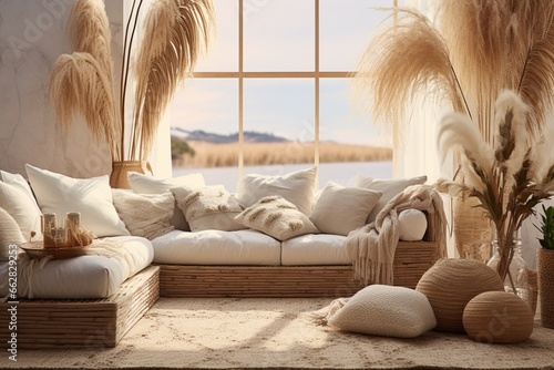 Boho style living room natural light and comfortable furnitures