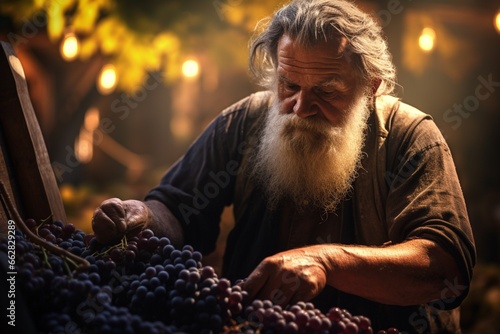 Man collecting grapes harvest season farmers working