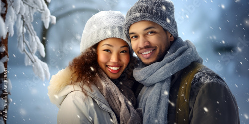 joyous diverse couple, a man and a woman, wrapped in warm clothing, standing amidst a serene snow covered landscape