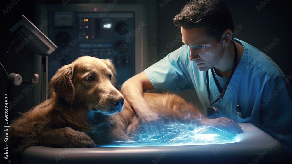 A veterinarian performs an ultrasound of a dog using modern equipment with innovative technologies in a veterinary clinic. Pet care and grooming concept. - obrazy, fototapety, plakaty 