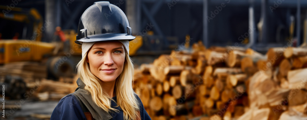 Female worker with construction helmet standing in front of logs. Lumbermill, construction site, and ranger concept. With copy space. Female worker with construction helmet standing in front of logs. Lumbermill, construction site, and ranger concept. With copy space.