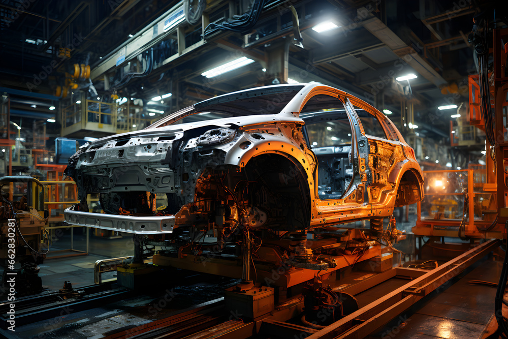 Robots welding in factory, car production, created by generative AI technology Robots welding in factory, car production, created by generative AI technology