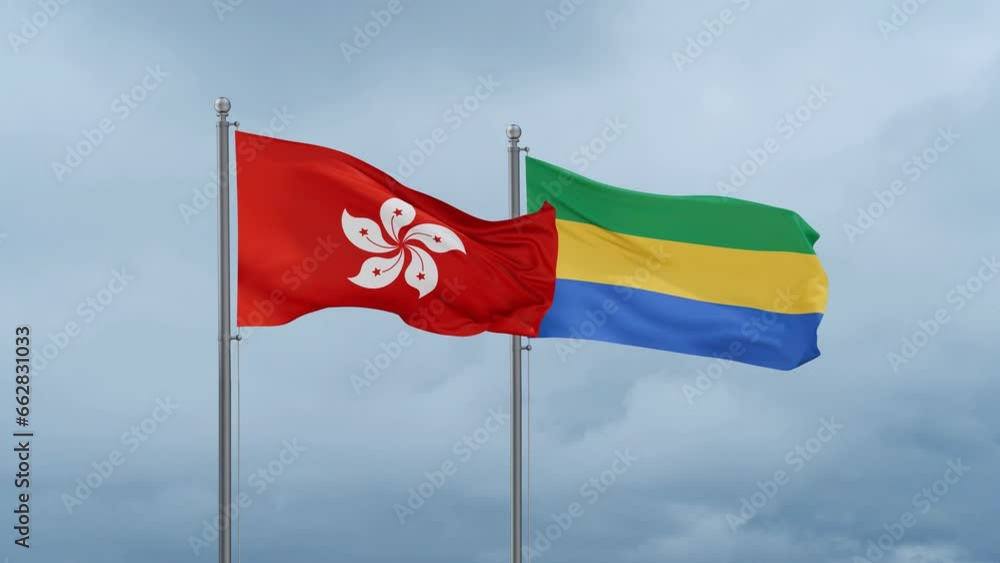 Gabon flag and Hong Kong flag waving together on cloudy sky, endless seamless loop, two country relations concept Gabon flag and Hong Kong flag waving together on cloudy sky, endless seamless loop, two country relations concept