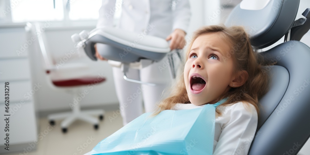 Frightened girl in dentist chair , concept of Dental anxiety - obrazy, fototapety, plakaty 