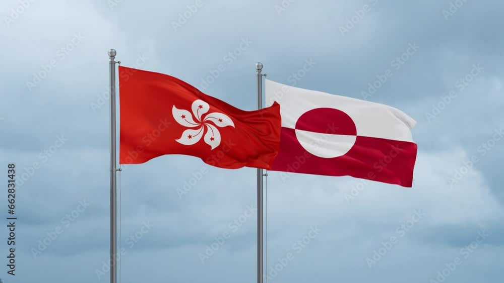 Greenland flag and Hong Kong flag waving together on cloudy sky, endless seamless loop, two country relations concept Greenland flag and Hong Kong flag waving together on cloudy sky, endless seamless loop, two country relations concept