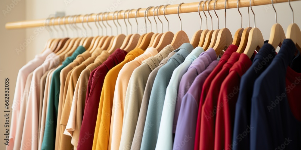 Garments lined up on hangers , concept of Order arrangement Garments lined up on hangers , concept of Order arrangement