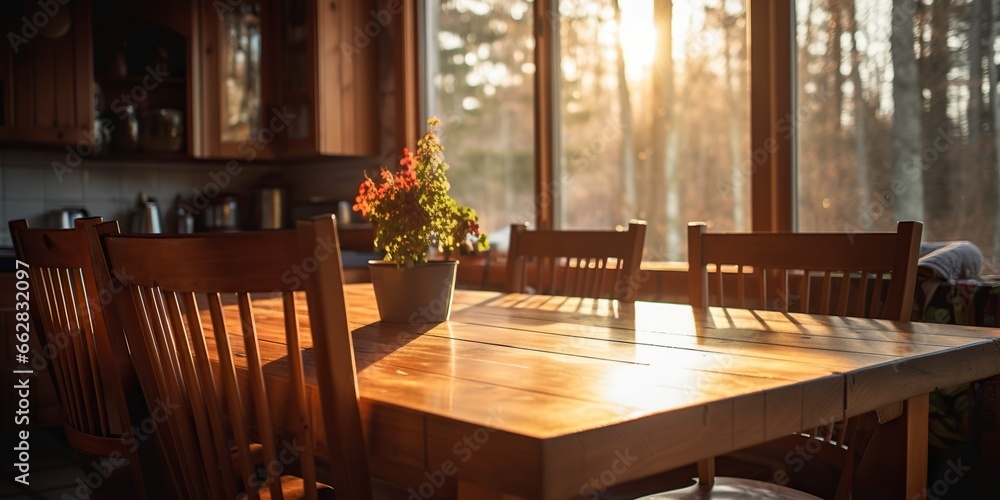 Sunlight streaming through the window illuminates a clean wooden kitchen table , concept of Warmth