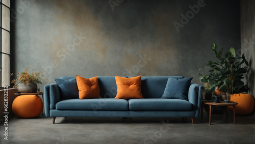 Blue corner sofa and coffee table against pastel blue wall, Minimalist home interior design, Modern living room. ai generative