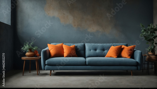 Blue corner sofa and coffee table against pastel blue wall, Minimalist home interior design, Modern living room.  ai generative © DSM