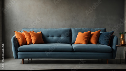 Blue corner sofa and coffee table against pastel blue wall, Minimalist home interior design, Modern living room. ai generative