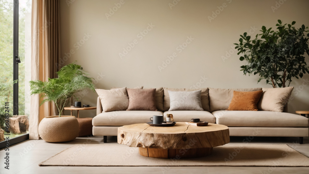 Obraz premium Beige corner sofa and round tree stump coffee table and a tree. Minimalist home interior design of modern living room. ai generative