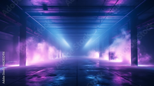 Sci Fi Futuristic Smoke Fog Neon Laser Garage Room blue pink violet neon abstract background ultraviolet light night club Cyber Undergound Warehouse Concrete Reflective Studio 3D Render illustration