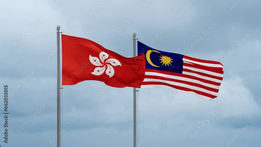 Malaysia and Hong Kong flag waving together on cloudy sky, endless seamless loop, two country cooperation concept Malaysia and Hong Kong flag waving together on cloudy sky, endless seamless loop, two country cooperation concept