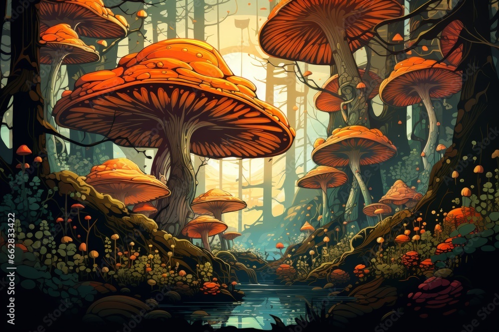 Fototapeta premium Giant talking mushrooms offering cryptic advice in dense forest groves - Generative AI