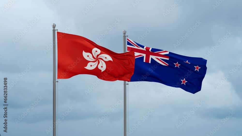 New Zealand and Hong Kong flag waving together on cloudy sky, endless seamless loop, two country cooperation concept New Zealand and Hong Kong flag waving together on cloudy sky, endless seamless loop, two country cooperation concept