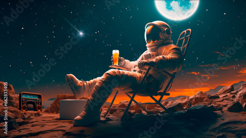 astronaut sitting in a chair drinking beer on the moon relaxing listening to music