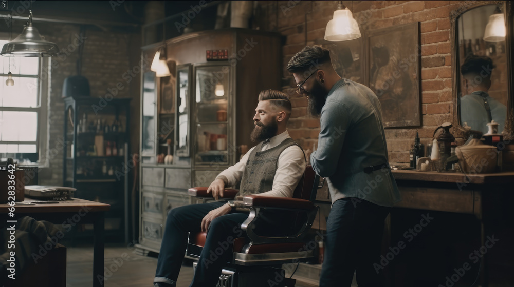 A stylish model with a beard, sitting in the barbershop chair A stylish model with a beard, sitting in the barbershop chair