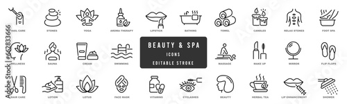 Beauty and SPA theme icons editable stroke pictogram elements set. Massage, sauna, aromatherapy etc. Editable stroke