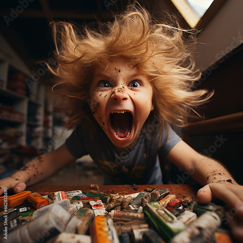 Visual hyperbole. Closeup shot of 3 year old Caucasian boy angry with schoolwork. Crayons flying everywhere. Dramatic image of the bad behavior of an angry child. Volumetric lighting. photo