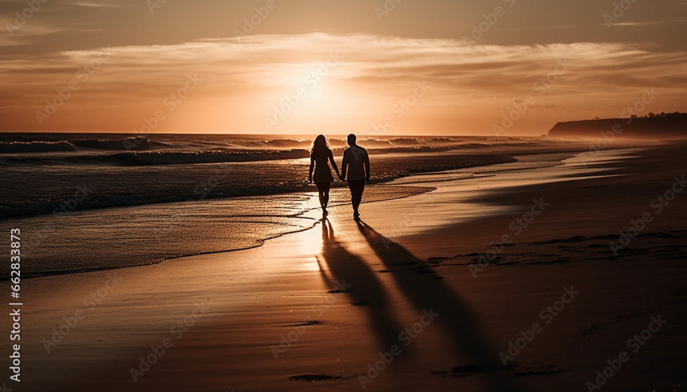 Sun kissed couple walks hand in hand on tranquil beach vacation