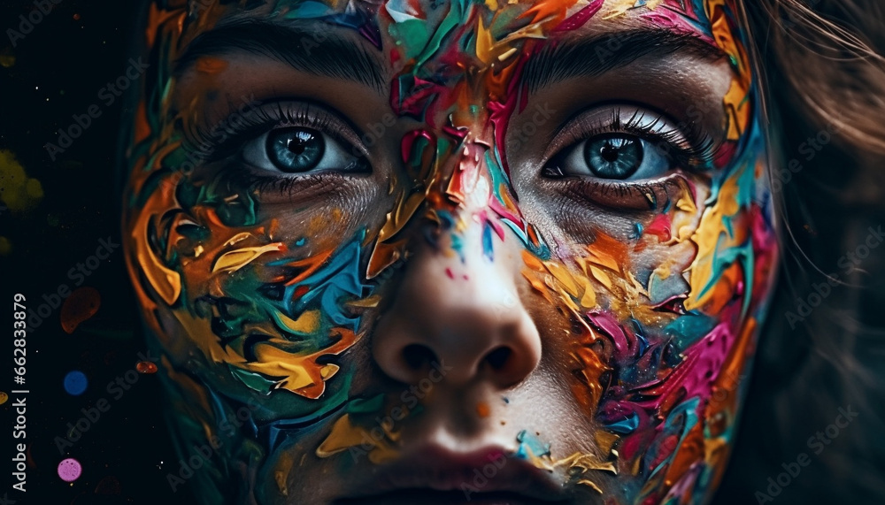 Vibrant young woman with abstract face paint exudes futuristic elegance