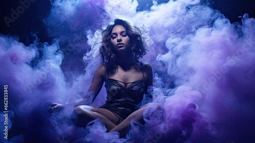 Futuristic model in a floating pose, surrounded by cosmic violet and indigo smoke