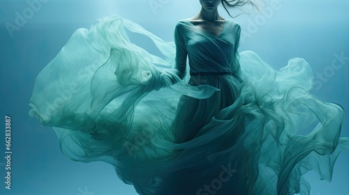 Futuristic model in a translucent dress, surrounded by swirling sea green and blue smoke