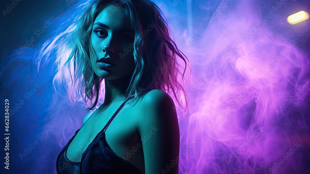 Model with LED-lit elements, set against a gradient of teal and purple smoke