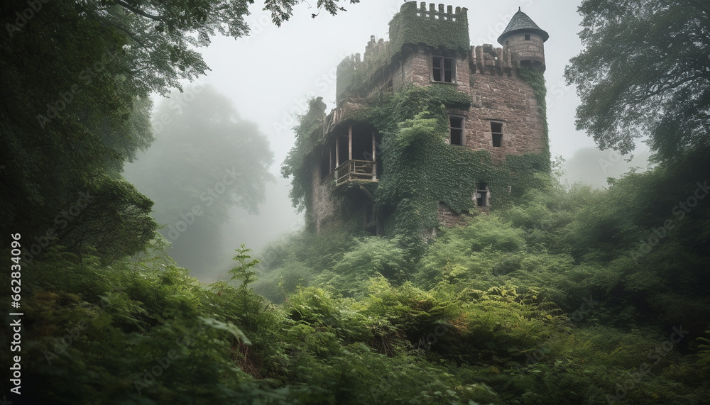 Mysterious ancient ruin on wet cliff in spooky forest landscape Mysterious ancient ruin on wet cliff in spooky forest landscape